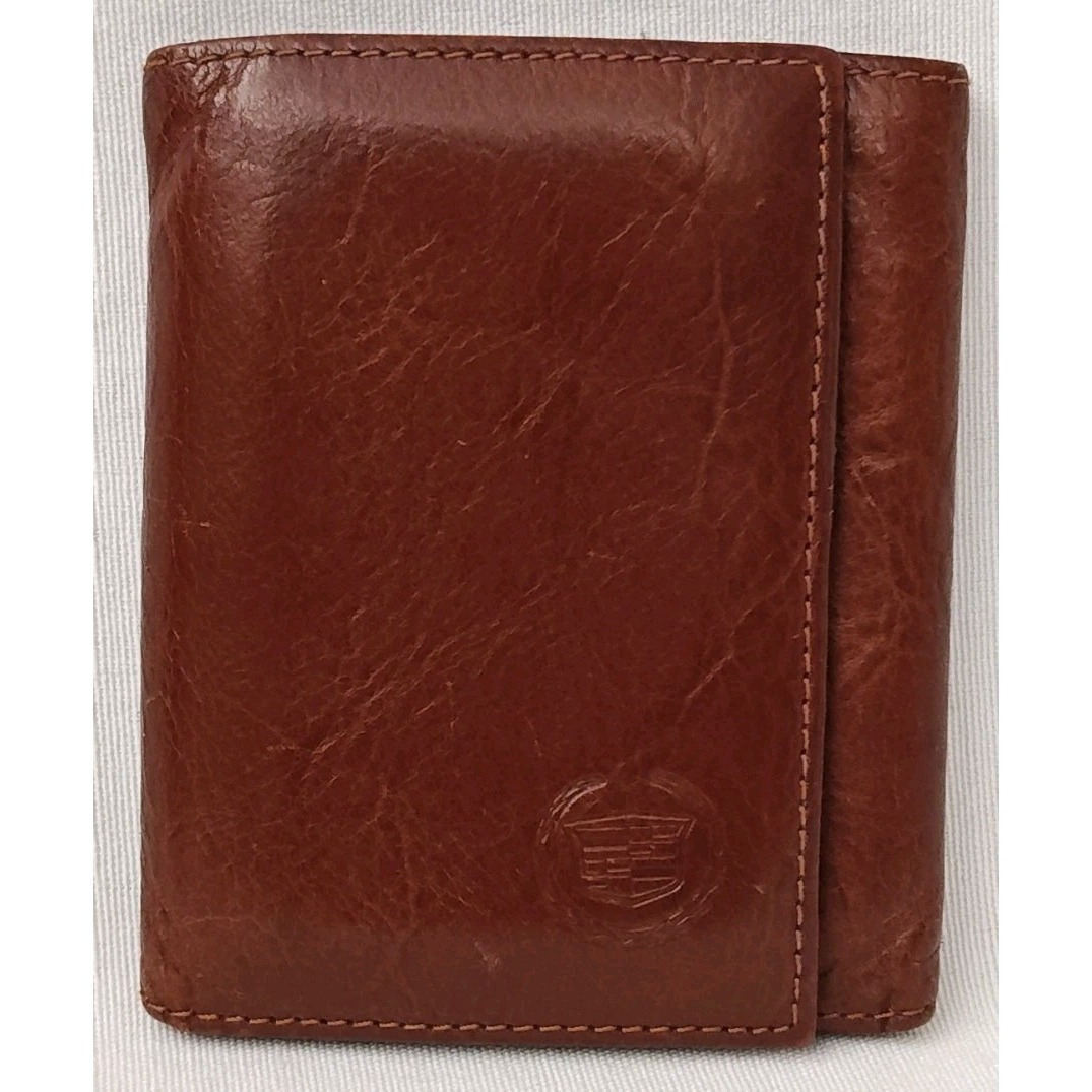 Cadillac Embossed Brown Wallet Leather Id Credit Card Holder Vintage Trifold